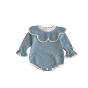 Baby Mädchen Strick Strampler mit Rüschenkragen langarm süßer Overall Kleinkind Kleidung