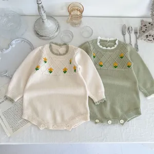 Cute baby knit romper with floral embroidery, long sleeve cotton jumpsuit for infant girls and boys.