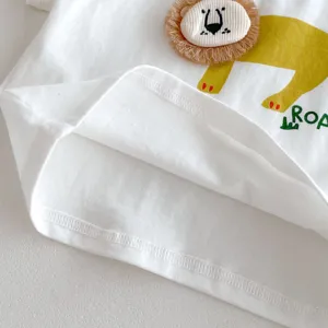 Toddler white t-shirt detail showing neat hem stitching and cute 3D lion graphic design.