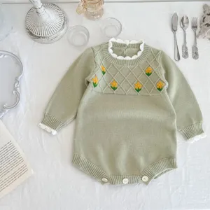 Baby girls knit romper cute floral embroidered long sleeve infant bodysuit fall autumn clothes
