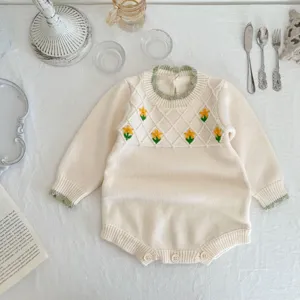 Baby knit floral embroidered long sleeve romper, cute autumn winter newborn baby one piece.