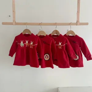 Baby Girls Fleece Lined Knit Dress Winter Long Sleeve Cute Rabbit Embroidery Princess Dress Infant Toddler Clothes