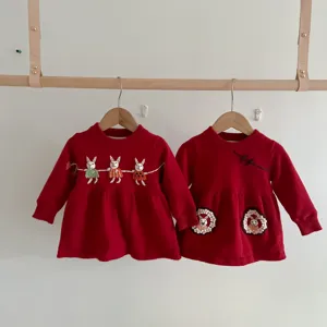 Baby Girls Red Knit Dress Handmade Rabbit Embroidery Cute Toddler Winter Birthday Clothes