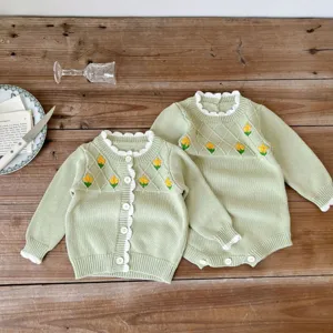 Baby girl knit cardigan and romper set with cute floral embroidery and scalloped collar.