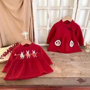 Toddler girls red knit dress cute rabbit embroidery long sleeve winter thermal baby birthday skirt