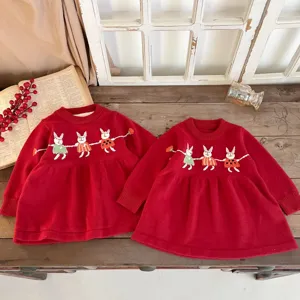 Red toddler girls knit dress cute embroidered rabbit fleece lined winter sweater 1pc