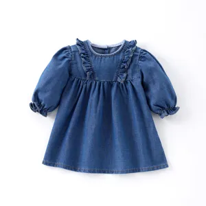 Bebé Niña Manga Larga Vestido de Mezclilla Suave Niño Estilo Coreano Cuello con Volantes Vestido Casual Lindo Ropa de Niños