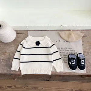 Cute infant knit sweater with lapel and classic black stripes, cozy baby boy and girl top.