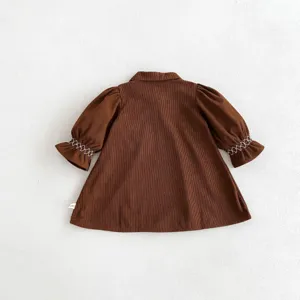 Detailed view of the toddler corduroy dress back, featuring cute puff sleeves and embroidery.