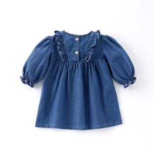 Bebes nina vestido de vaquero manga larga volantes primavera bonita falda suave infantil