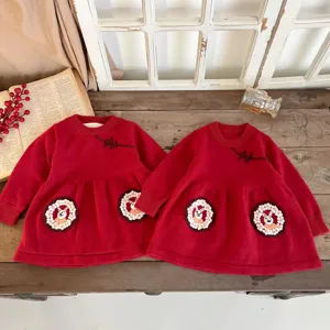 Toddler girls red knit dress handmade embroidery cute rabbit fleece lined New Year outfit