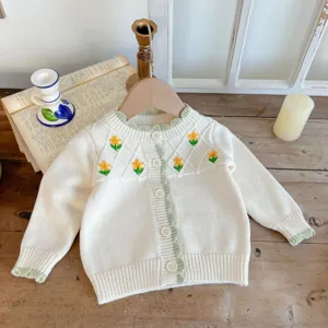 Charming baby knit cardigan detail featuring delicate yellow floral embroidery and green trim.