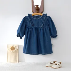 Bebé niña vestido de denim manga larga bonito cuello volante suave vestido vaquero