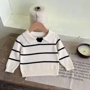Infant baby knit sweater with black stripes, lapel collar and cute heart accent for autumn.