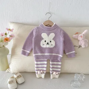 Infant autumn winter cute rabbit velvet pajama set, warm soft baby girl two piece home clothing.