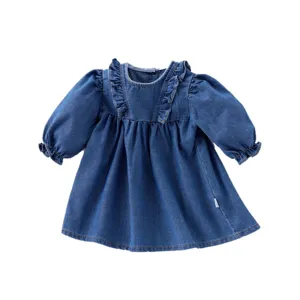 Lindo vestido de mezclilla de manga larga para bebé niña, elegante diseño con volantes primaverales