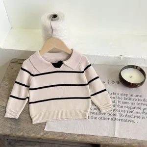 Infant lapel striped knit sweater, classic autumn baby pullover top with cute collar.