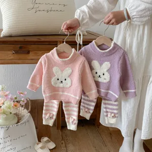 Infant autumn winter cute rabbit flannel pajamas set toddler warm thick top and striped pants.