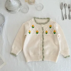 Baby knit cardigan with yellow floral embroidery, green trim long sleeve toddler sweater top