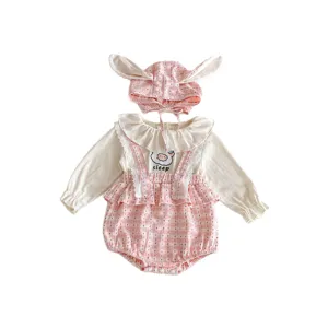 Set autunnale da 3 pezzi per bambina con cappellino orecchie di coniglio e romper a quadri rosa