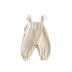 Baby ribbed cotton romper with ruffles, cute infant jumpsuit and crawler for autumn daily wear.