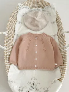 Baby knit cardigan and beret set, soft cotton infant sweater outfit for autumn daily wear.