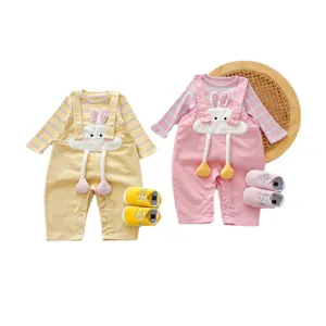 Cute infant baby toddler girl autumn long sleeve striped t-shirt cartoon rabbit overalls outfit set