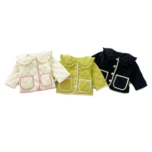 Cute infant baby girl quilted jacket autumn winter fleece warm outerwear with ruffles.