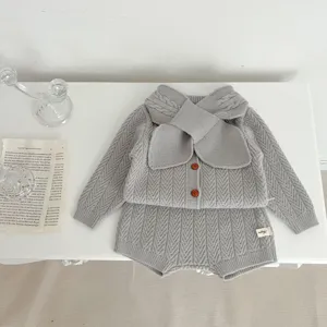 Conjunto de jersey de punto invierno bebe cardigan gris pantalones cortos bufanda ropa