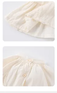 Close-up detail shot of toddler girls dress showing delicate embroidery and back buttons.