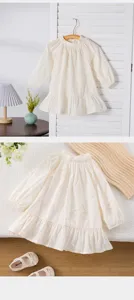 Detailed view of girls beige long sleeve dress with elegant butterfly embroidery and ruffle hem.