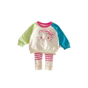 Cute toddler baby girls spring knit outfit colorblock sweatshirt and leggings set