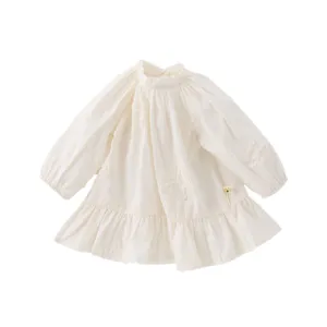 Cream toddler girl long sleeve dress with butterfly embroidery and ruffled hem.