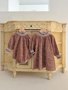 Infant baby girls floral smocked romper and dress set cute long sleeve sister matching outfit