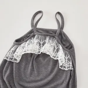 Cute baby ribbed cami romper with white floral lace trim for summer toddler daily wear.