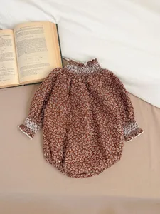 Infant baby girl brown floral long sleeve romper bodysuit with cute lace ruffled collar.