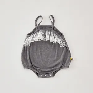 Summer baby girl lace strap romper gray ribbed bodysuit cute infant one-piece clothing