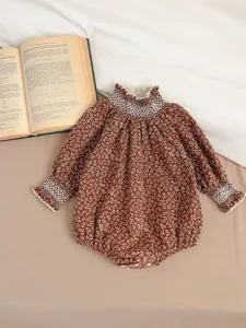 Infant baby girl brown floral long sleeve romper with cute lace smock collar and cuffs design.