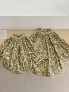 Floral baby romper and dress set, toddler sister matching outfits with cute smocked ruffles.