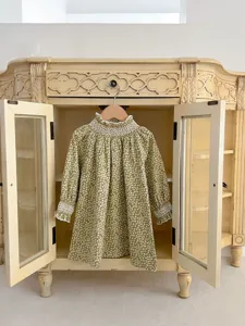 Infant baby girls vintage floral long sleeve smocked dress sweet toddler cute clothing