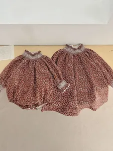 Infant toddler baby girls floral sister matching dress romper long sleeve lace collar cute