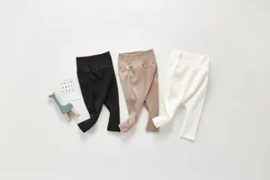 Infant ribbed cotton high-waist long pants, basic solid color baby leggings detail view.