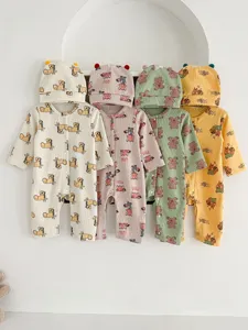 Infant Waffle Knit Romper Long Sleeve Hooded Jumpsuit Cute Animal Print Newborn Baby Boy Girl Fall Clothes