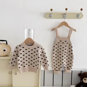 Baby knit sweater and overalls set, cute dot pattern, soft cotton fabric for infants.