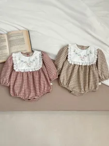 Baby Girls Korean Style Long Sleeve Turn Down Collar Plaid Embroidery Romper Infant Cute Spring Cotton Bodysuit