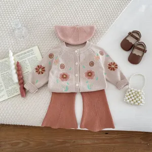 Toddler baby girl knit cardigan sweater flare pants beret floral embroidery set cute outfit