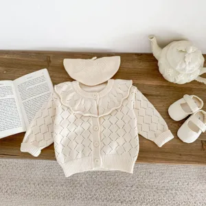 Infant baby girl knitted cardigan sweater set with big ruffle collar, off-white, cute.