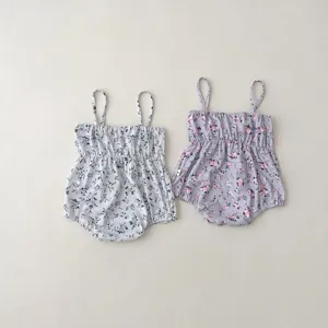 Infant baby floral print swimsuit romper detail, cute sleeveless design with comfortable elastic waist.