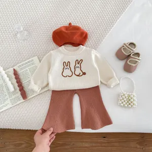 Baby girl cute rabbit embroidery knit sweater set, autumn warm long sleeve top and flare pants.