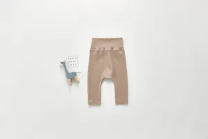 Infant pure cotton high-waist ribbed long pants in soft khaki color, premium detail view.